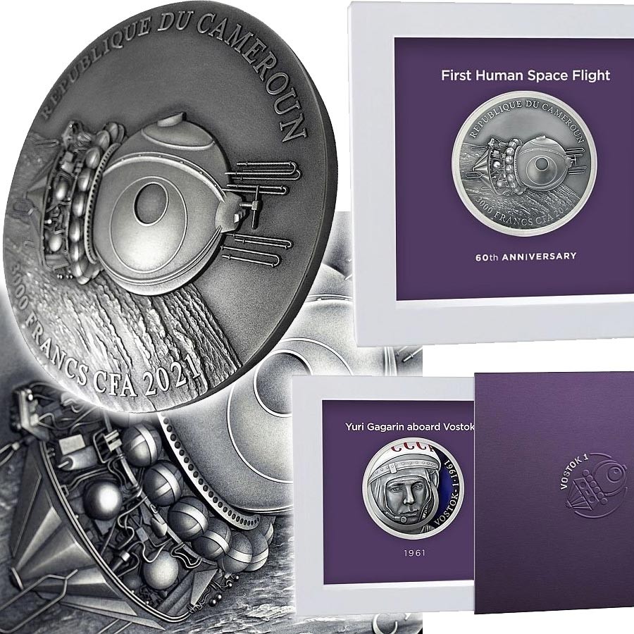 Republic of Cameroon VOSTOK-1 YURI GAGARIN - 1st Crewed Spaceflight 60 Years 3000 Francs Silver Coin Ultra High Relief 2021 Antique finish 3 oz